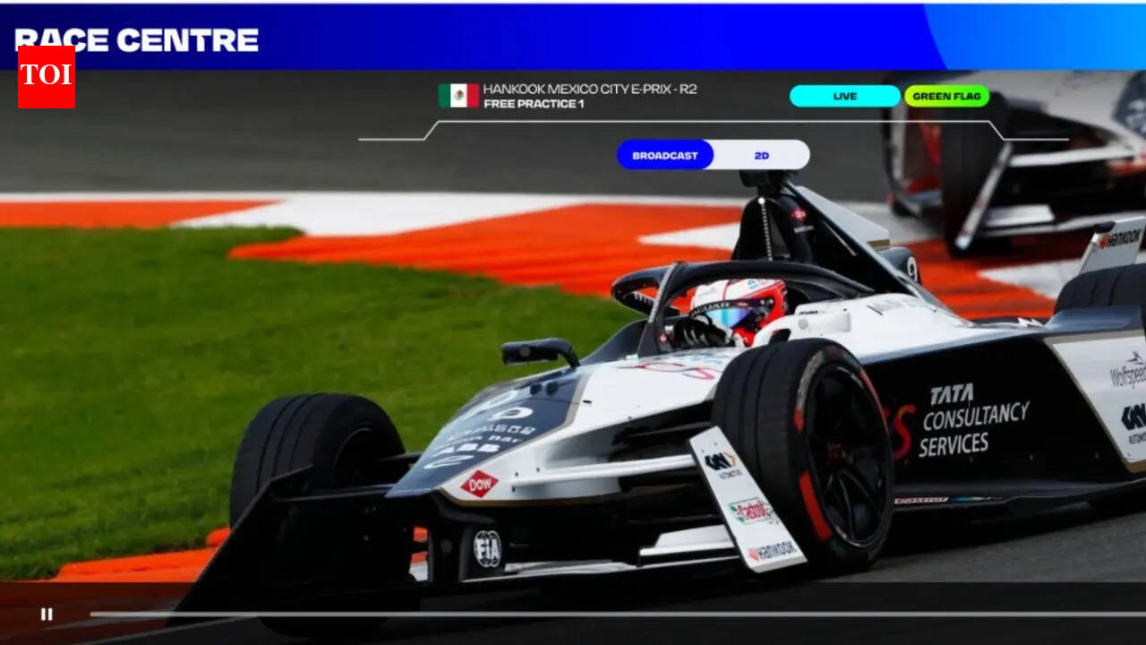 Formula E race car on track with digital overlay showing Infosys Topaz AI data and fan engagement features.