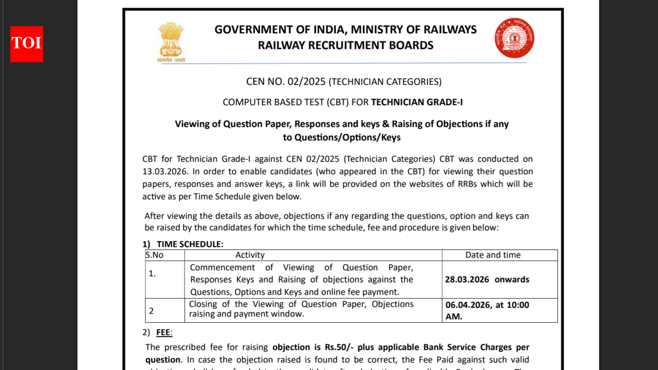 RRB Technician Grade-I CBT 2026 answer key objection window will open on THIS date: Check details here