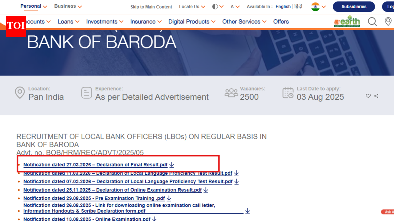 Bank of Baroda LBO final result 2026 released: Check direct link to download list of shortlisted candidates