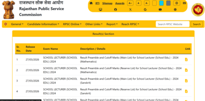 RPSC School Lecturer result 2026 released at rpsc.rajasthan.gov.in: Direct link to download here