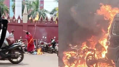 Watch: Woman sets SUV, two-wheelers ablaze using 'petrol bombs' at Orissa high court, tells shopkeeper to film act