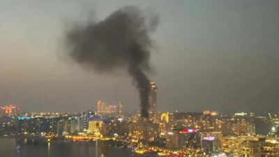 Debris from aerial interception strikes building in Dubai's Marina