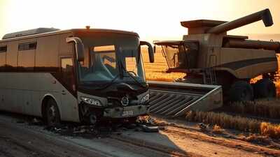 2 killed, over half a dozen injured after wheat harvester rams wedding bus from behind in UP