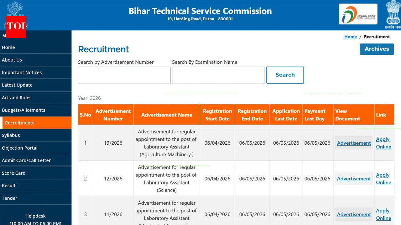 Bihar BTSC lab assistant notification released for 1091 posts at btsc.bihar.gov.in; apply here