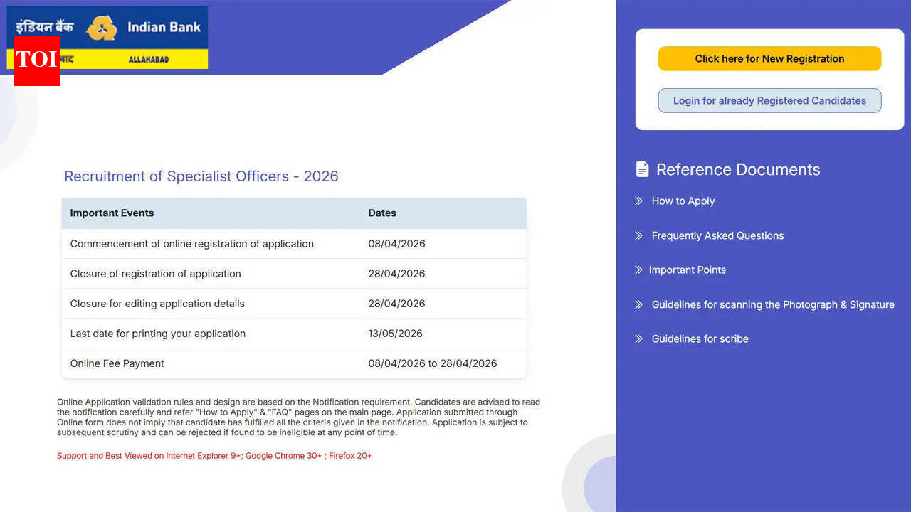 Indian Bank SO recruitment 2026 notification released for 350 specialist officer posts; apply here