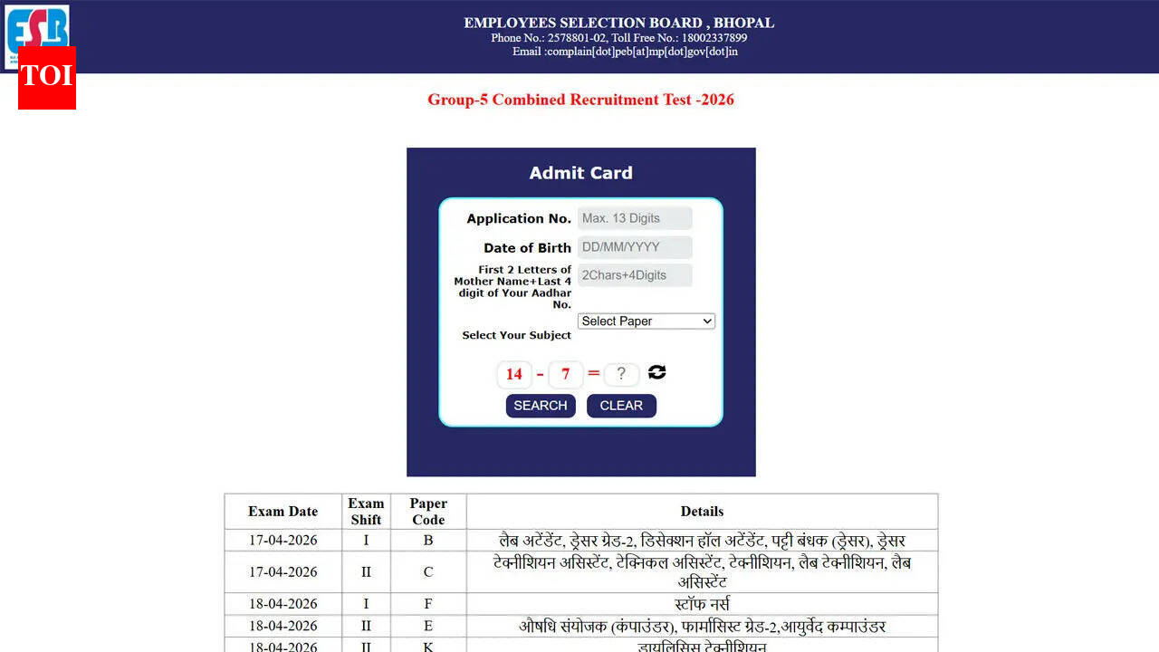 MPESB Group 5 admit card 2026 released for April 15 exam at esb.mp.gov.in: Direct link