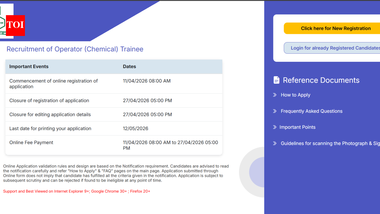 RCFL Chemical Operator Trainee registration window 2026 underway for over 100 vacancies: Check direct link to apply here