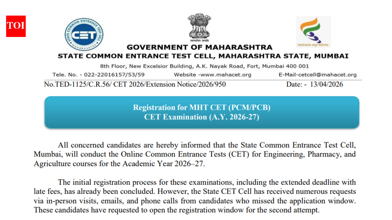 MHT CET 2026 registration reopens for second attempt; apply from April 15: Check official notice here