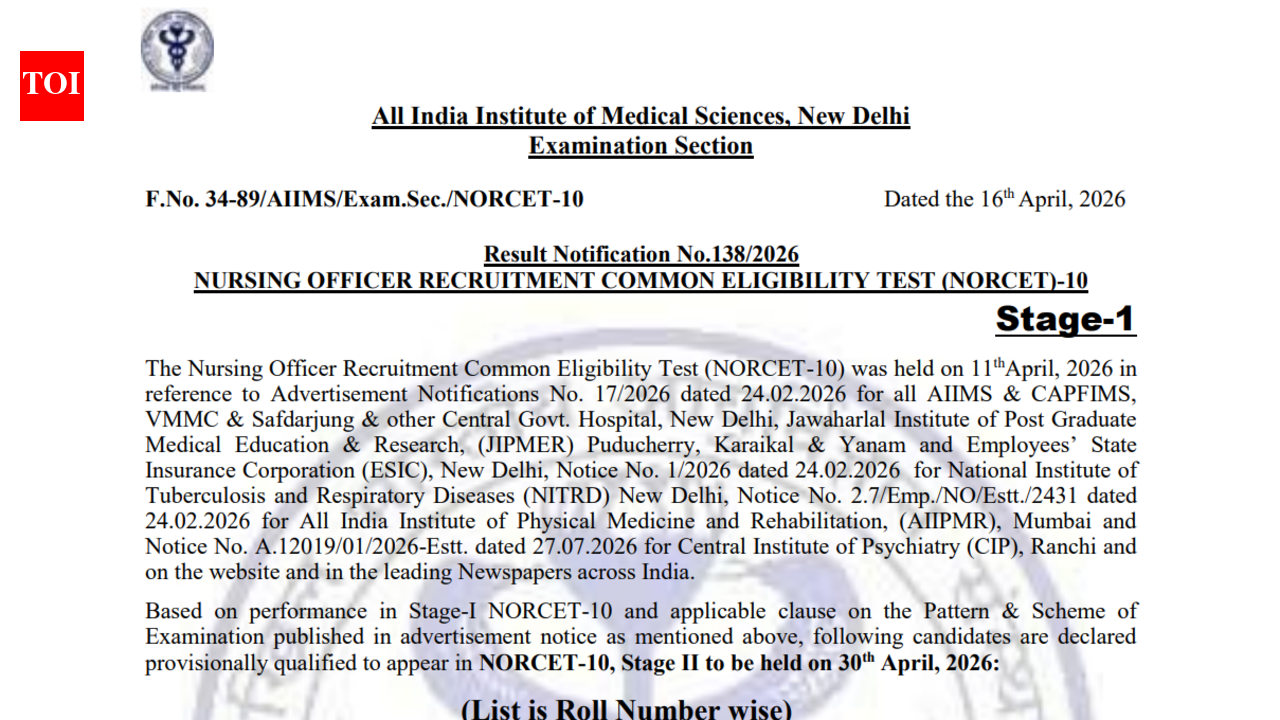 AIIMS NORCET 10 result 2026 released at aiimsexams.ac.in; 14,527 candidates qualify for Stage 2: Direct link to download here