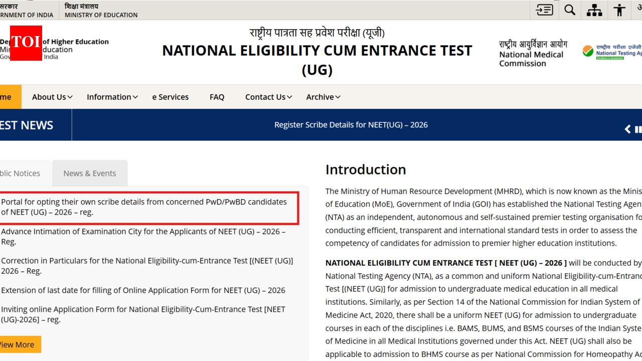 NEET UG 2026: NTA ने PwBD उम्मीदवारों के लिए स्क्राइब विवरण जमा करने के लिए पोर्टल खोला; यहां समय सीमा जांचें