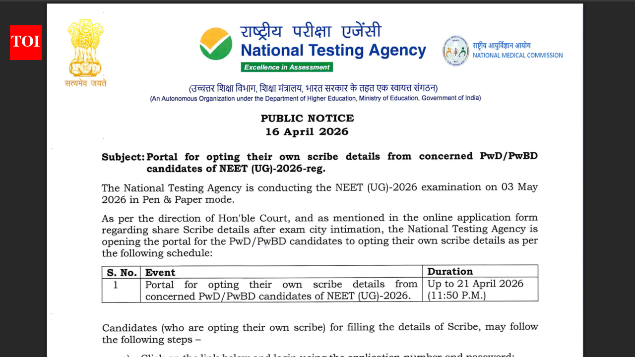 NEET UG 2026 scribe window opens for PwBD candidates: Check direct link to complete registrations here
