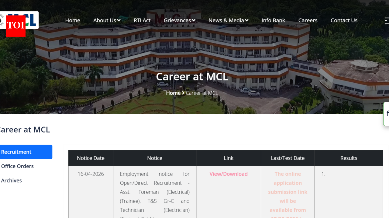 MCL Foreman, Technician recruitment 2026: Notification released for 500 posts; registration begins on this date