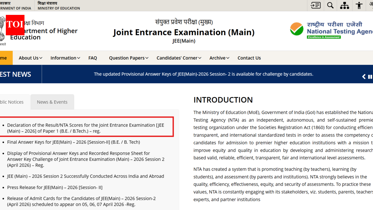 JEE Mains 2026 result released for Session 2 at jeemain.nta.nic.in: Direct link to download scorecards here