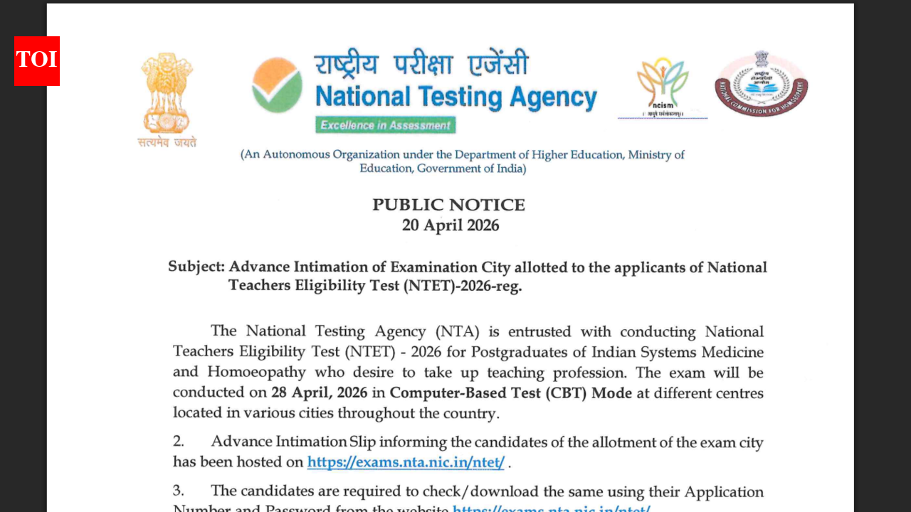 NTA NTET city intimation slip 2026 released at nta.ac.in: Direct link to download here