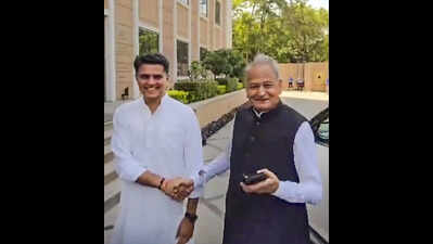 Gehlot, Pilot share rare public warmth at AICC meet