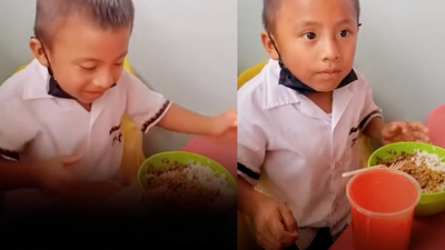 This little boy was not willing to eat the best part of his meal because he was saving it for... "It's for my..."