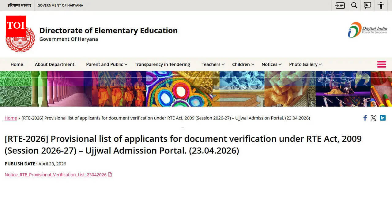 Haryana RTE 2026-27 admission list released for LKG, UKG, Nursery, Class 1; download PDF here