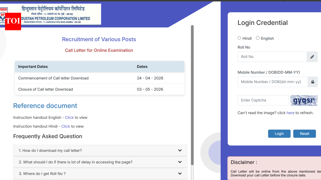 HPCL Officer admit card released at hindustanpetroleum.com: Direct link to download hall tickets here - The Times of India