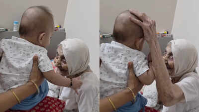Cute interaction between104-year-old great-grandmother and her 4-month-old great-grandson: What is the little baby trying to convey?