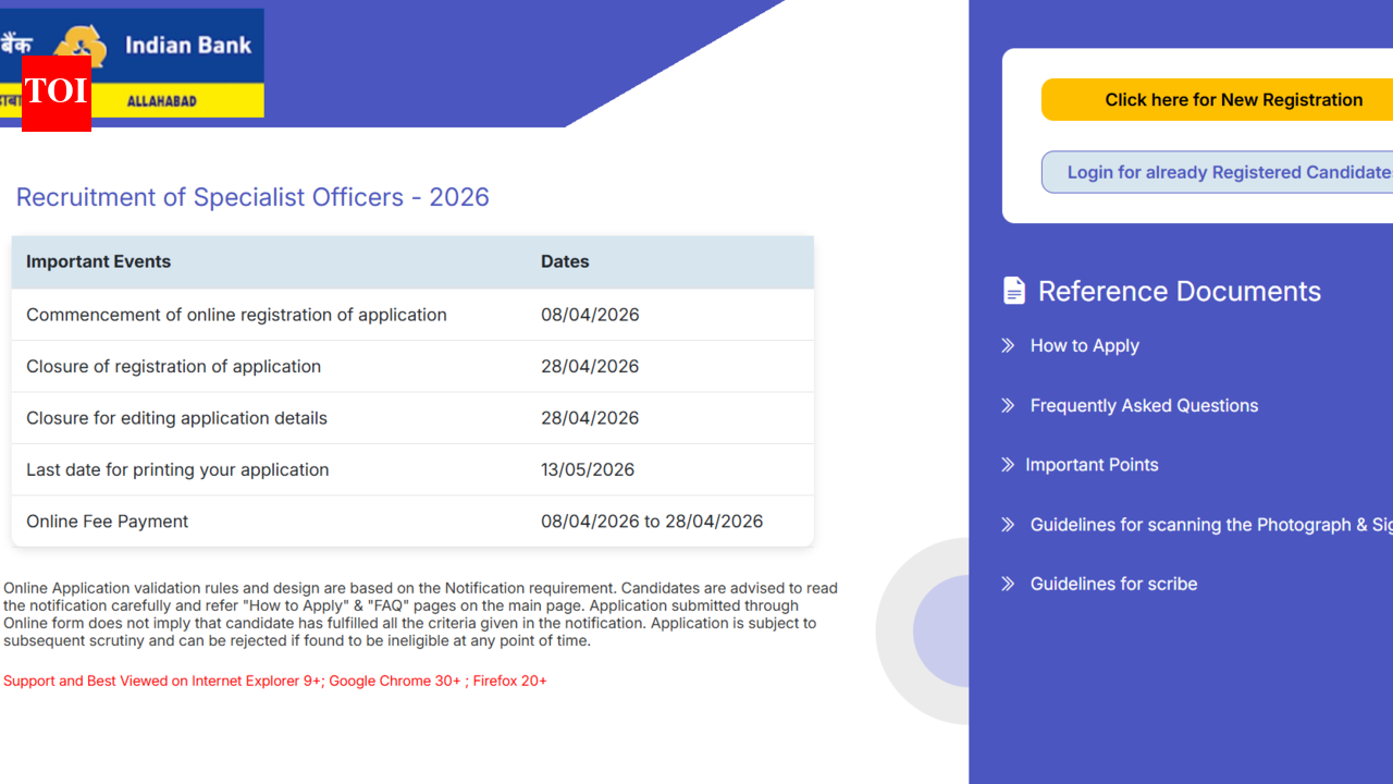 Indian Bank SO recruitment 2026: Registration for 350 posts ends tomorrow; direct link to apply here