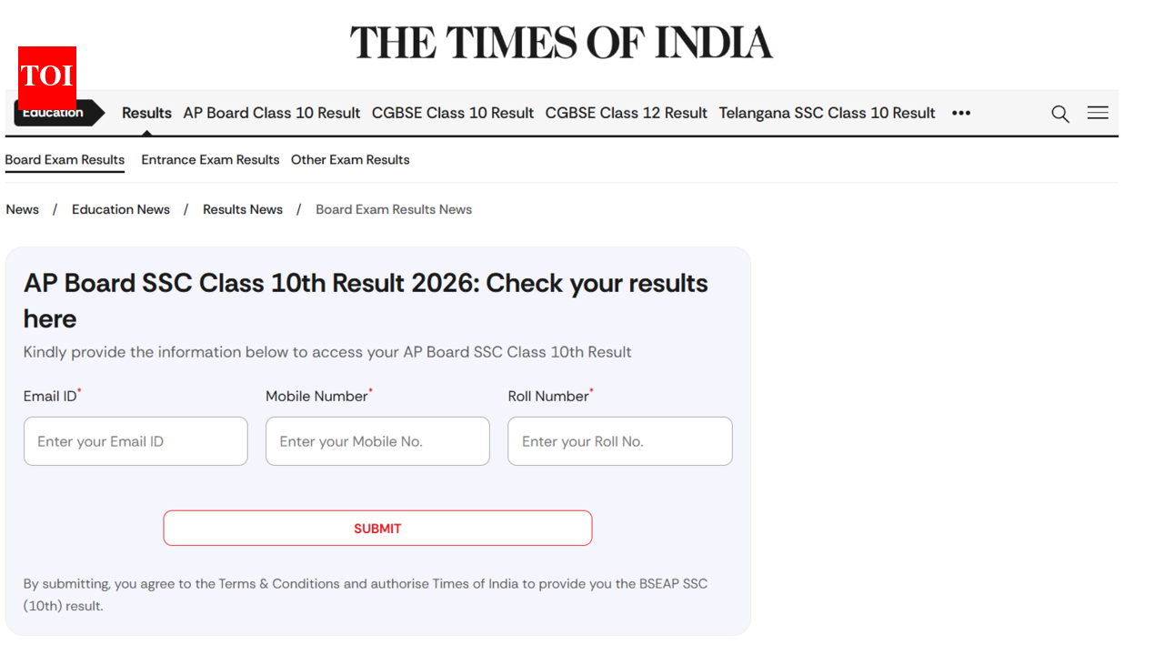 BSE AP SSC 10th class results 2026: Direct link to check marks memo on TOI portal