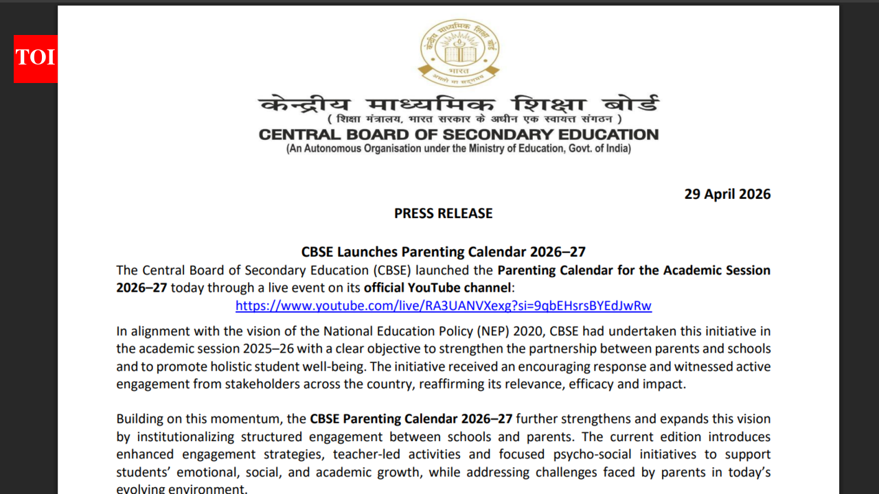 सीबीएसई ने एनईपी 2020 विजन के तहत अभिभावक-स्कूल जुड़ाव को संस्थागत बनाने के लिए पेरेंटिंग कैलेंडर 2026-27 जारी किया