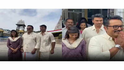 Varalaxmi Sarathkumar visits Tirumala Temple with father Sarathkumar, offers prayers