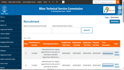 Bihar BTSC Lab Assistant recruitment 2026: Registration ends today for 1,091 posts; direct link to apply here