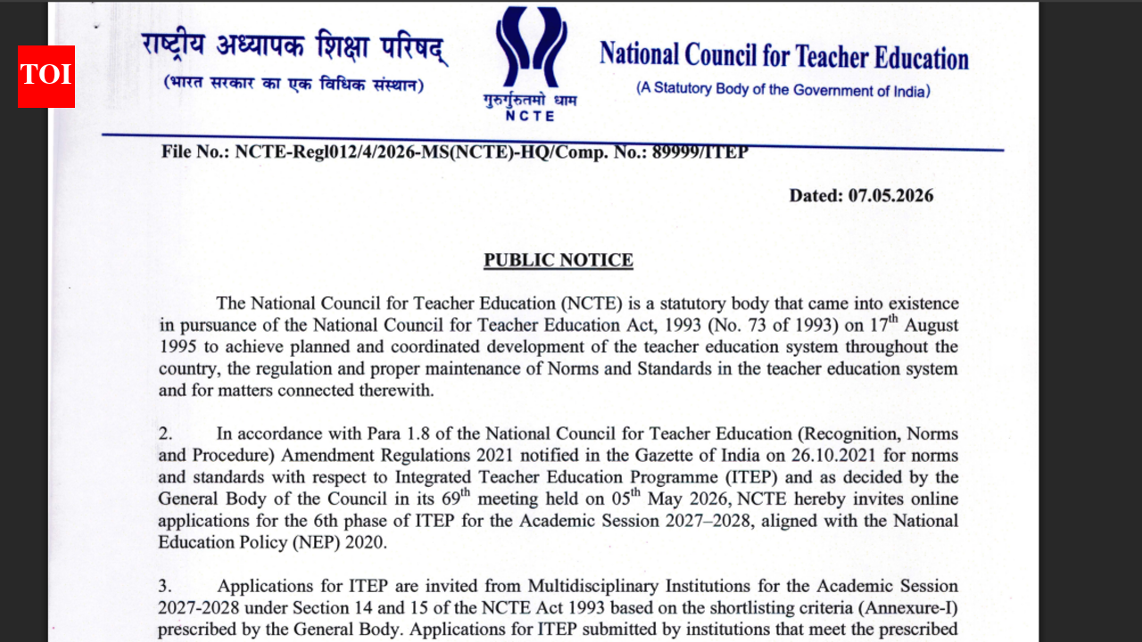NCTE opens ITEP 2027-28 applications under NEP 2020, invites eligible institutions to apply: Check details here