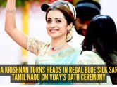 Trisha Krishnan steals the spotlight in a dreamy blue silk saree at Vijay&rsquo;s oath ceremony