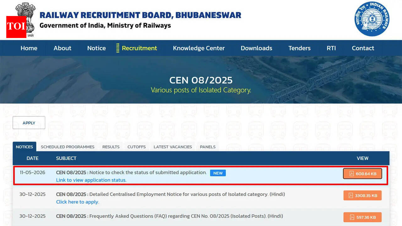 RRB Isolated Categories recruitment 2026 application status released; check direct link here