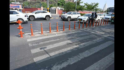 Barricades block access to zebra crossings in Jaipur