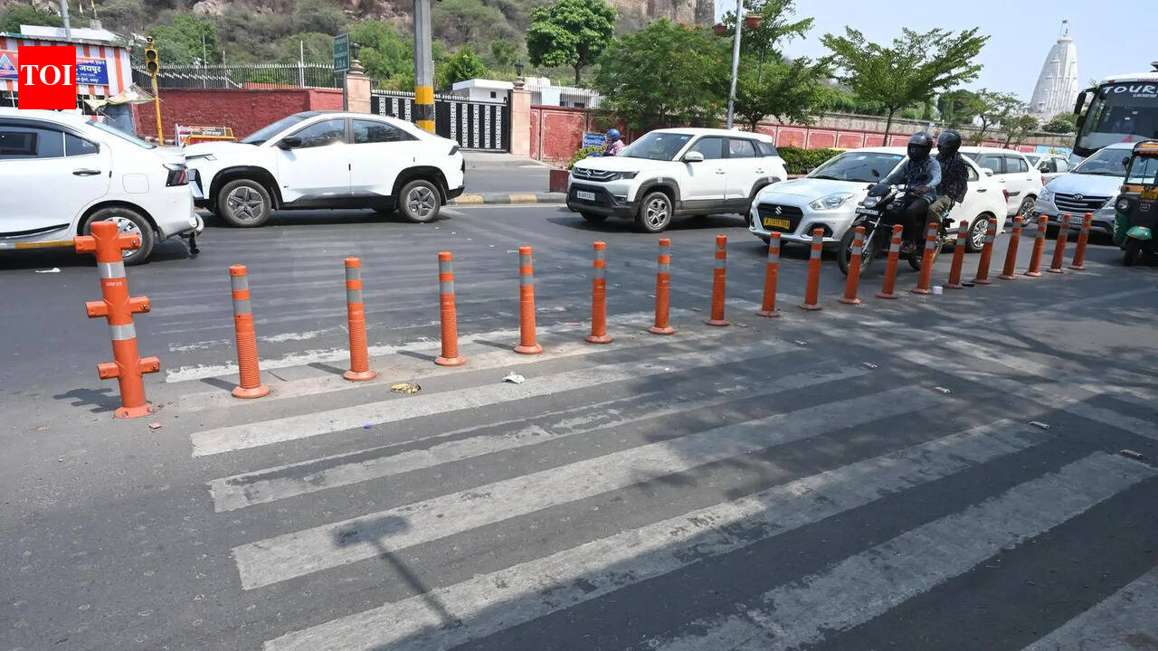 Barricades block access to zebra crossings in Jaipur