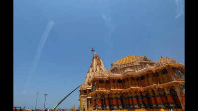 Prime Minister Narendra Modi witnesses IAF Suryakiran flypast at Somnath temple