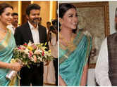 Trisha&rsquo;s blue saree at Vijay&rsquo;s swearing-in reminds fans of Aishwarya