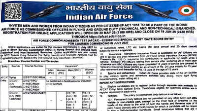 AFCAT 02/2026 applications begin May 20 for 300-plus Indian Air Force vacancies; check details here