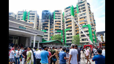 Indirapuram fire probe flags blocked driveway, poor upkeep of fire safety systems