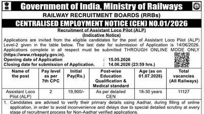 RRB ALP CEN 01/2026 notification released for 11,127 posts, registrations begin from May 15 – The Times of India