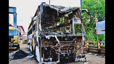 AC vent fall wakes mother just in time as bus catches fire in Hassan
