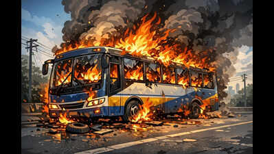 AC vent fall wakes mother just in time as bus catches fire in Hassan