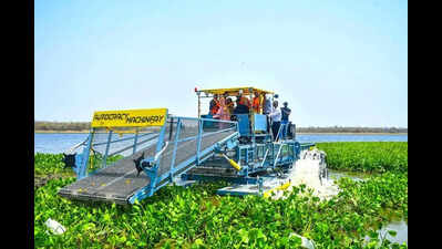 Hi-Tech machines deployed to remove water hyacinth from Ambazari Lake