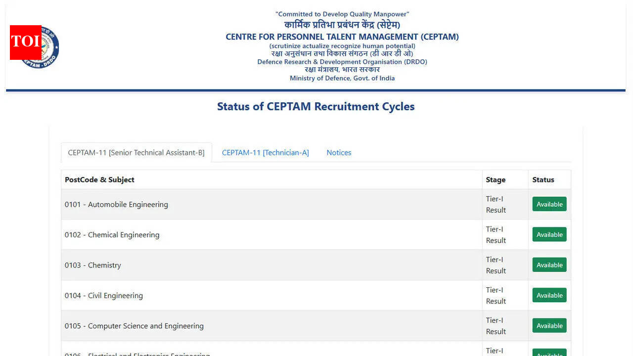 DRDO CEPTAM 11 Result 2026 declared for STA-B and Technician A posts at drdo.gov.in: Direct link