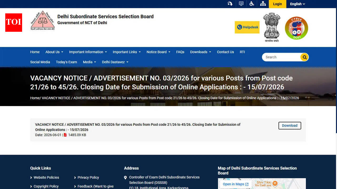 DSSSB Advt 03/2026 released for 1,979 Group B and C vacancies, applications begin June 16