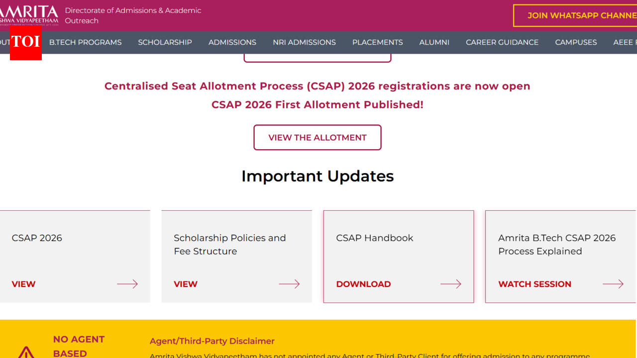 Amrita BTech CSAP Counselling 2026 Round 1 seat allotment result released at aeee.amrita.edu: Direct link to download here
