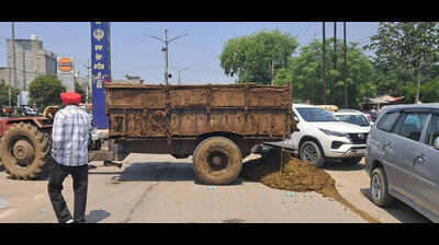 Dung carts shut Ludhiana’s Hambran Road in protest over dairy complex filthy lanes.