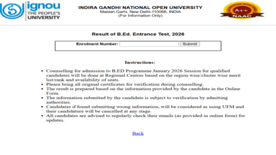 IGNOU BEd entrance test result 2026 released at ignou.ac.in: Direct link to download scorecards here