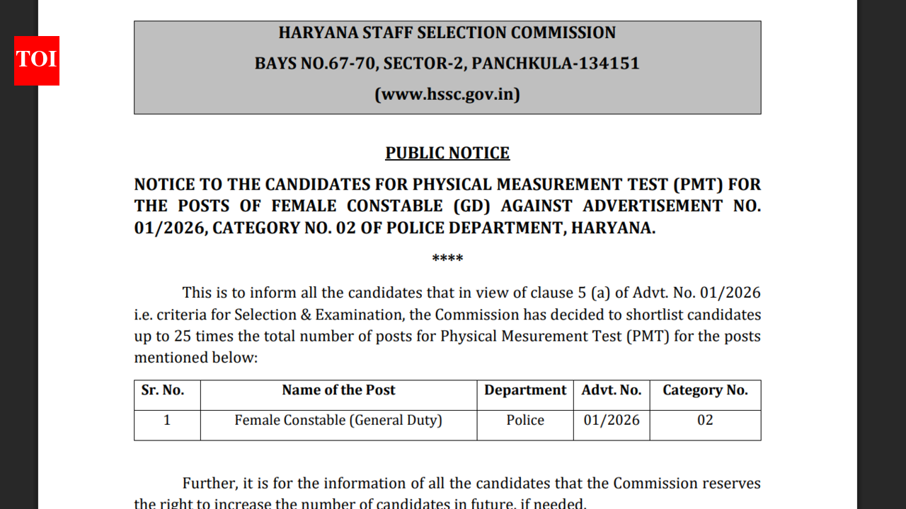 HSSC female Constable PMT schedule out at hssc.gov.in: Direct link to download here