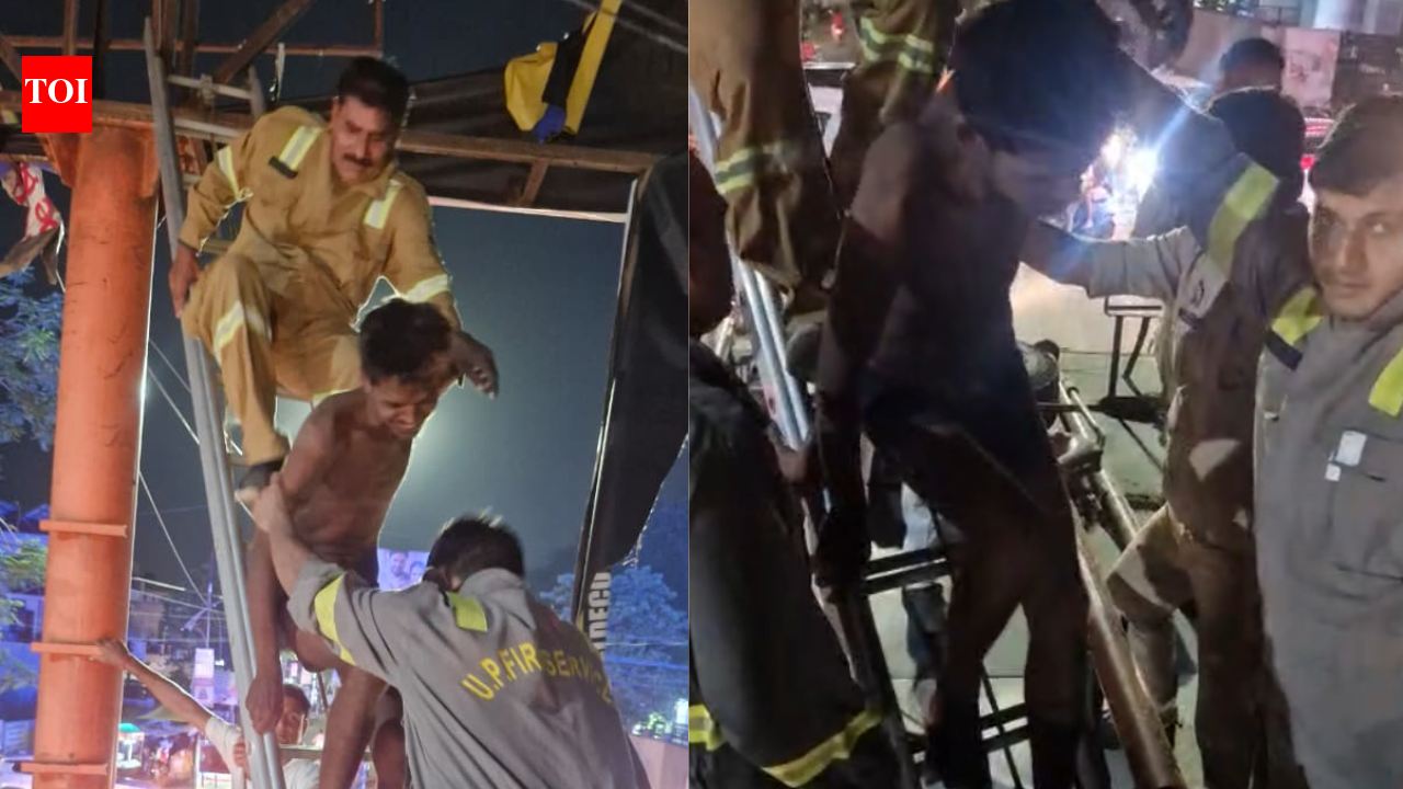 Fire department rescues man from electric pole near Lok Bandhu Hospital crossing in Lucknow