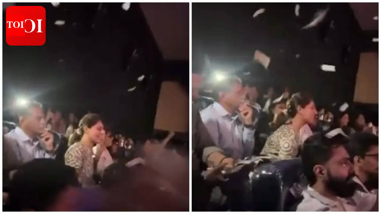 'Peddi' theatre celebrations: Upasana Kamineni enjoys Ram Charan film with fans; Showers confetti inside Hyderabad theatre