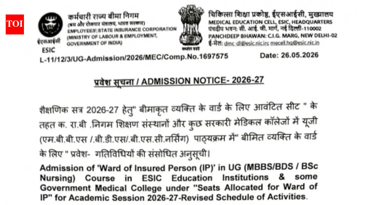 ESIC launches admissions for MBBS, BDS and B.Sc Nursing under Ward of IP quota — 783 seats announced for 2026-27